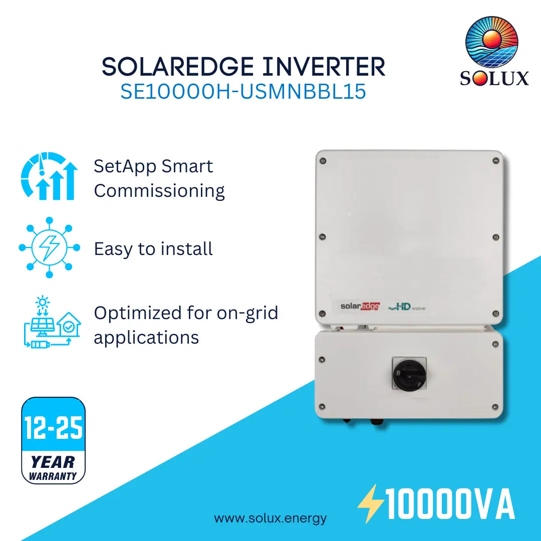 SOLAREdge Inverter SE10000H-USMNBBL15 by Solux, shown as a stacked silver metal unit with a black connection port on the lower section. The image is a promotional graphic with Solux branding, feature icons for smart commissioning and easy installation, a 12-25 year warranty badge, and a 10000VA rating on a white and blue background.